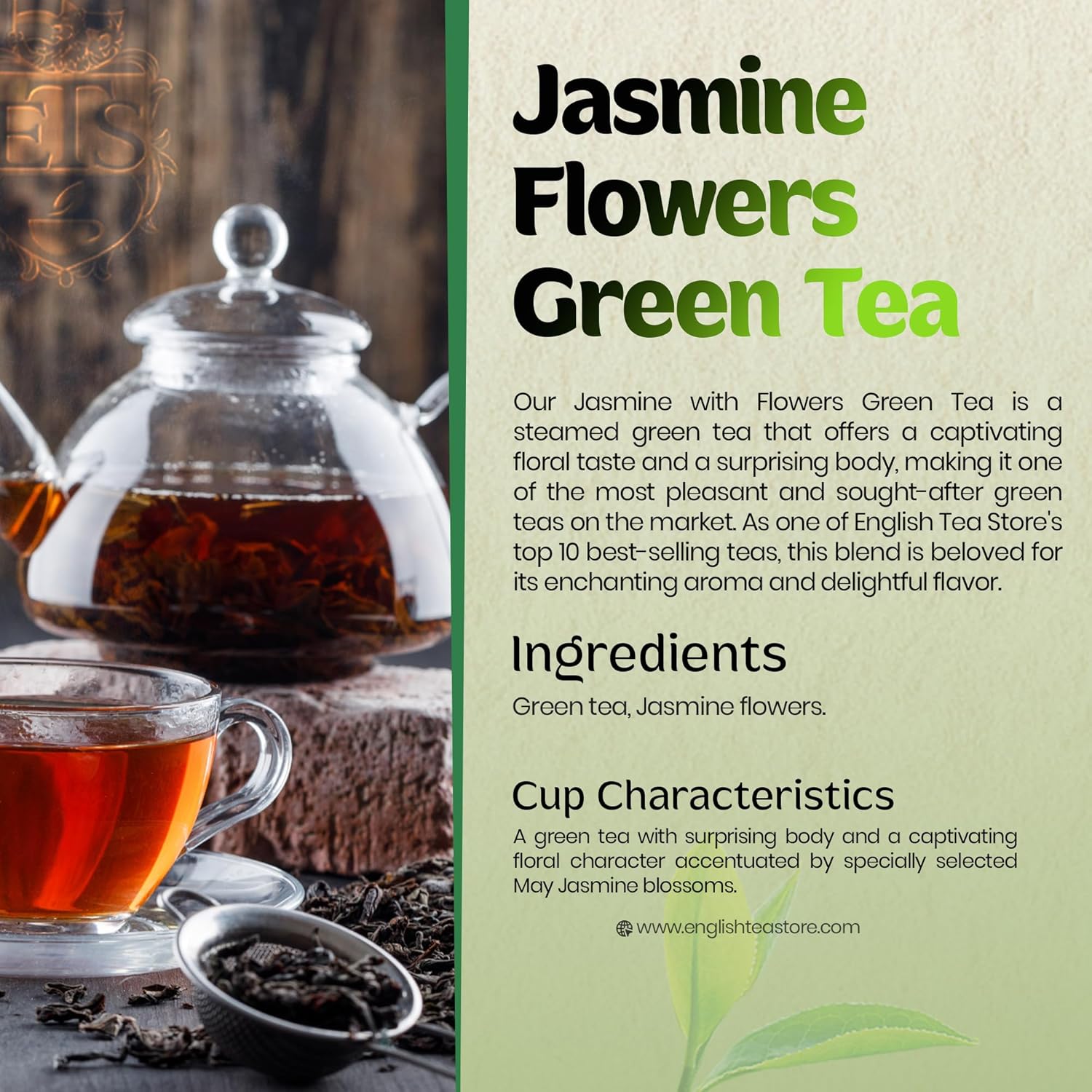Jasmine with Flowers Green Tea | Loose Leaf Tea Pouch - 16oz Bulk Bag | Premium Floral Blend from Fujian China | Soothing Aroma | Steamed Green Tea | English Tea Store