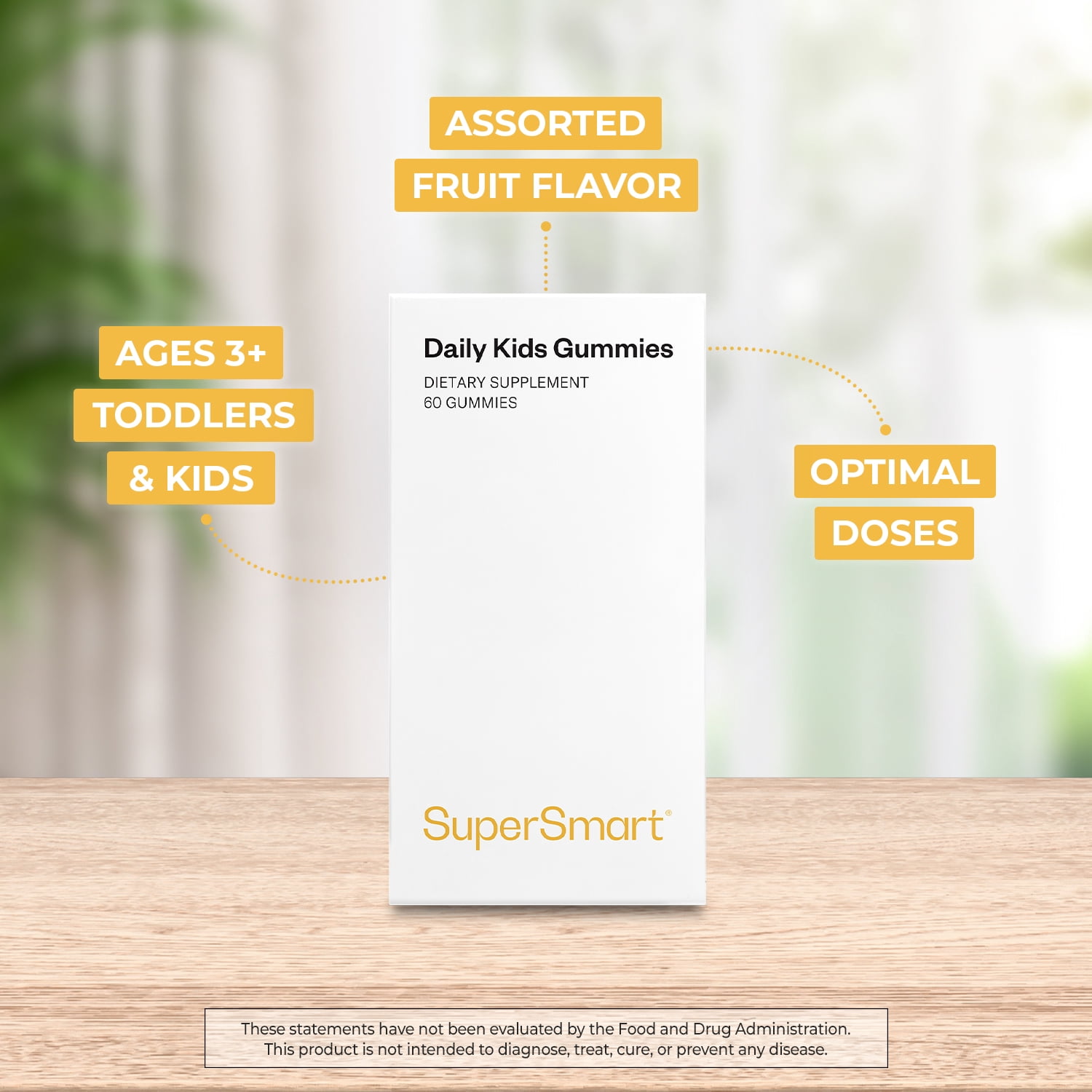 SuperSmart Daily Kids Gummies - Sugar-Free, Assorted Fruit Flavors for Ages 3+ Toddlers & Kids - with Omega 3 (EPA/DHA), Vitamin D3, C, B, E, K2, Lutein & Zinc | Optimal Doses | 60 Gummies