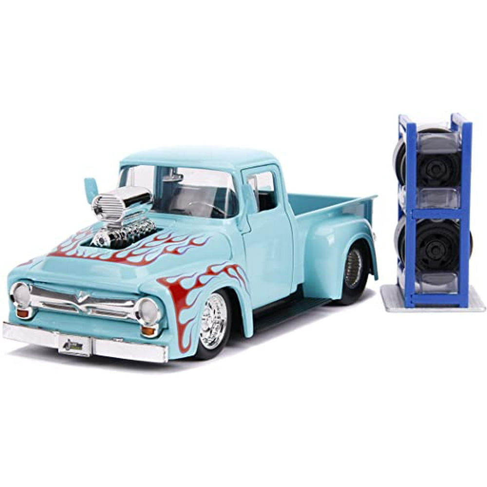 Jada Toys 31542 1956 Ford F-100 Pickup Truck Turquoise with Flames with Extra Wheels Just Trucks