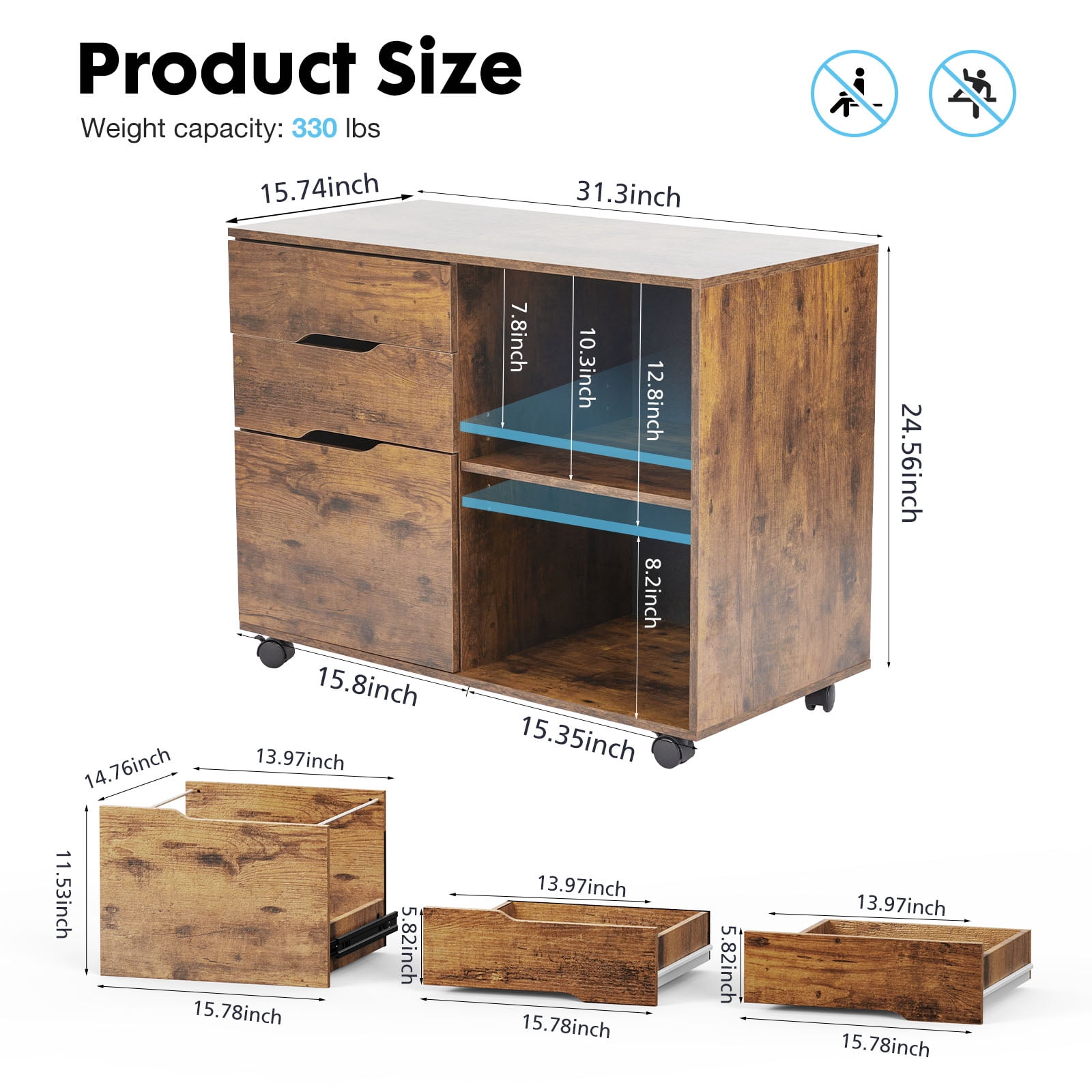 JIOABL 3-Drawer File Cabinet, Lateral Mobile Filing Cabinet Wood Storage Organizer with Wheels, Printer Stand & Open Shelves for Home Office, Rust