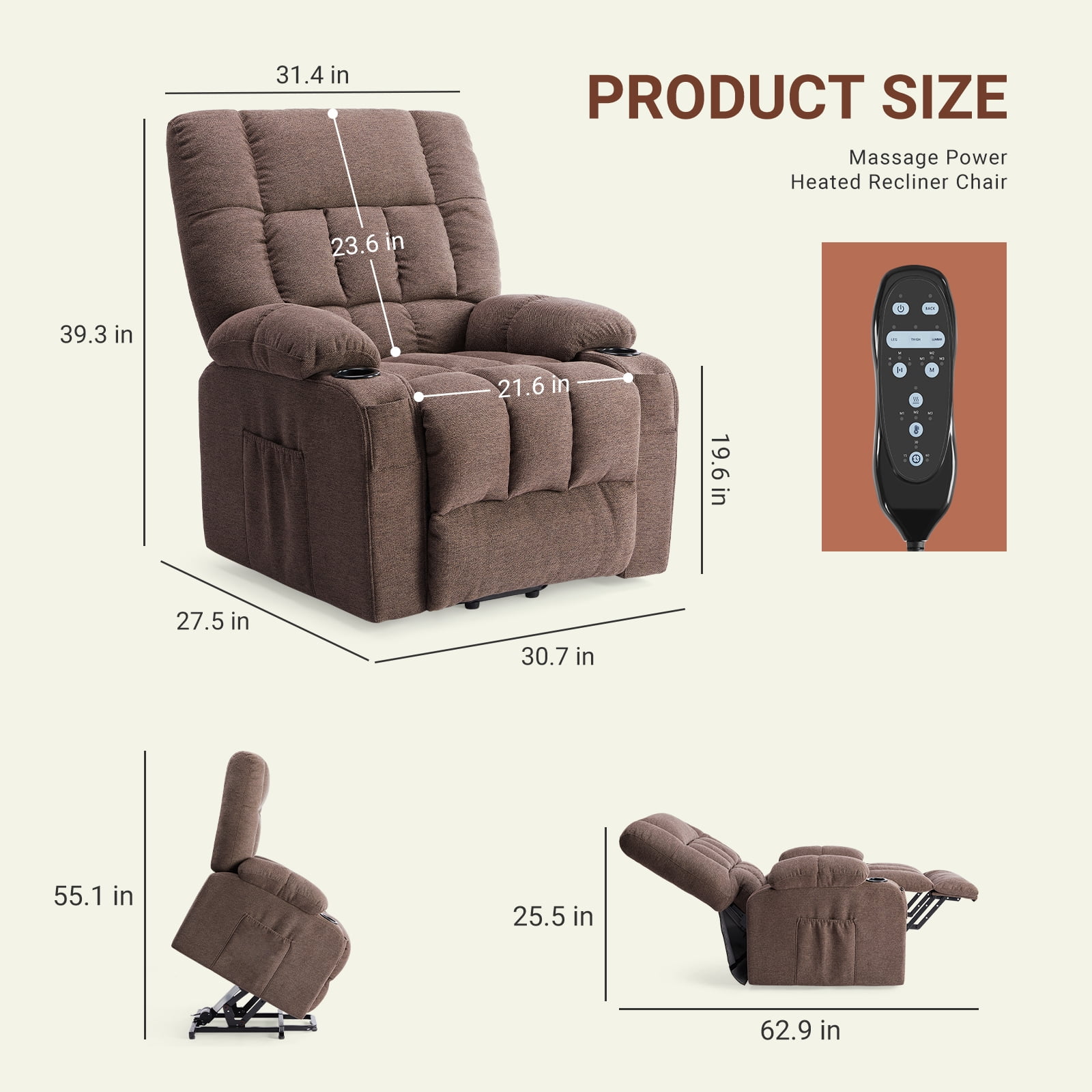 CONCETTA Elderly Recliner with Massage and Heating, Home Theater Recliner Chair with Lumbar Support and Remote Control, For Home Office Living Room, Brown