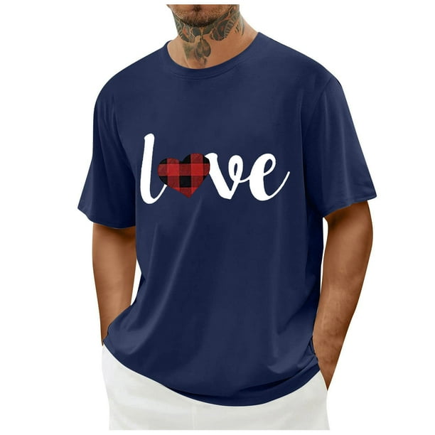 Tops para hombre, blusas y camisas de cuello redondo y manga corta para hombre. Camiseta/camisa informal de cuello redondo y manga corta con estampado de corazones para hombre. Tops de poliéster para
