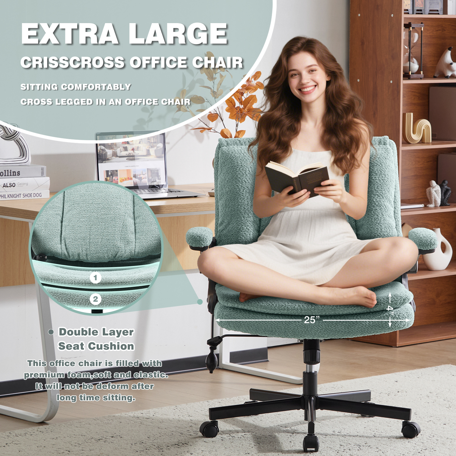 Wide Criss Cross Chair with Flip Up Back Cushion and Arms, Ergonomic Cross Legged Office Chair with Dynamic Lumbar Support, Upholstered Swivel Rolling Vanity Chair for Customized Comfort