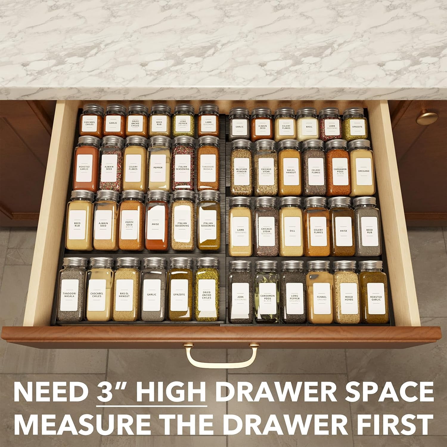 SpaceAid Bamboo Spice Drawer Organizer, Expandable, from 12" to 23" Wide (Need 3" Deep Drawer, Jars Not Included), Black
