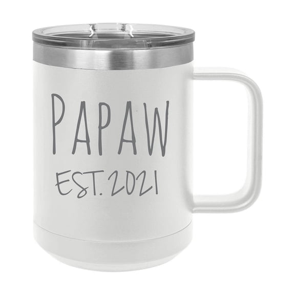 Papaw Est. 2021 Established Stainless Steel Vacuum Insulated 15 Oz Engraved Double-Walled Travel Coffee Mug with Slider Lid