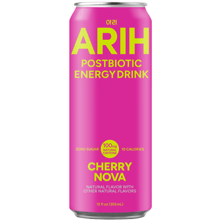ARIH Postbiotic Energy Drink, Zero Sugar Clean Energy Drink with 100mg Natural Caffeine, Cherry Nova, 12 fl oz