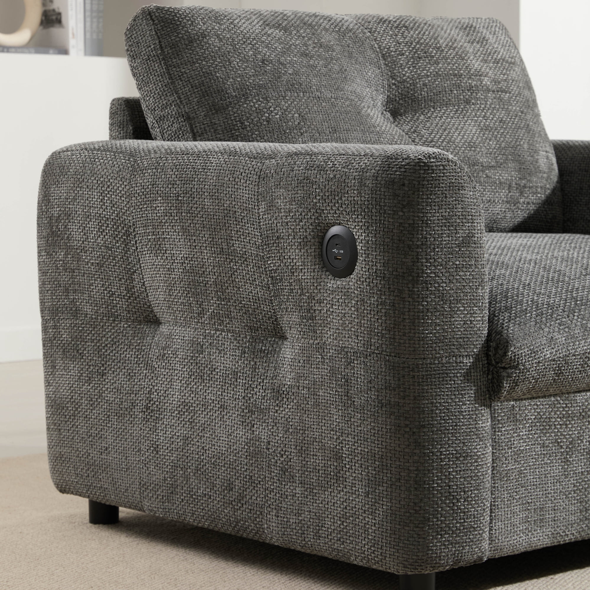 Oversized Single Sofa, Upholstered Accent Chair with Dual-port Charger, Modern Armchair with Wide Seat for Living Room & Apartment, Gray