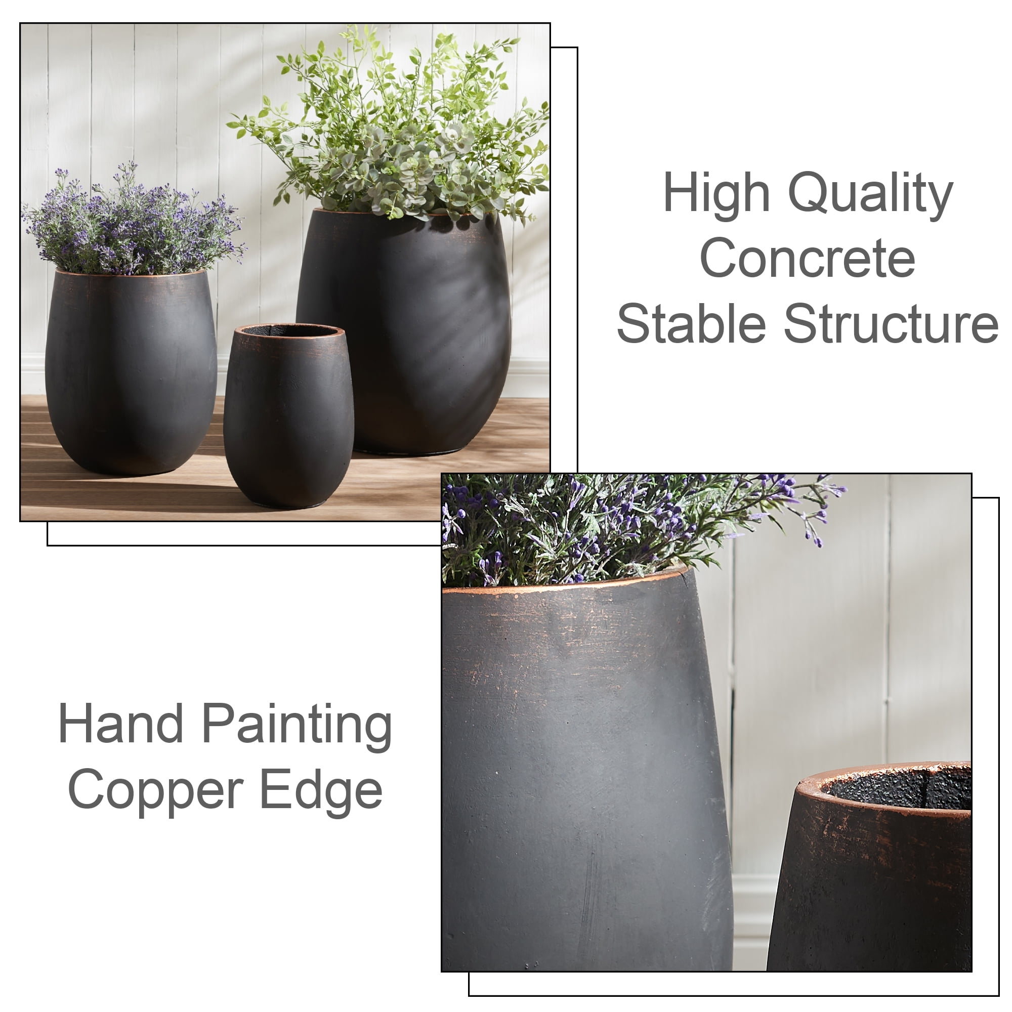 Wallowa 17.7"+13.3"+9.5" Dia Round Concrete Planter Set of 3, Black with Gold Rim, Large Flower Pots with Drainage Holes