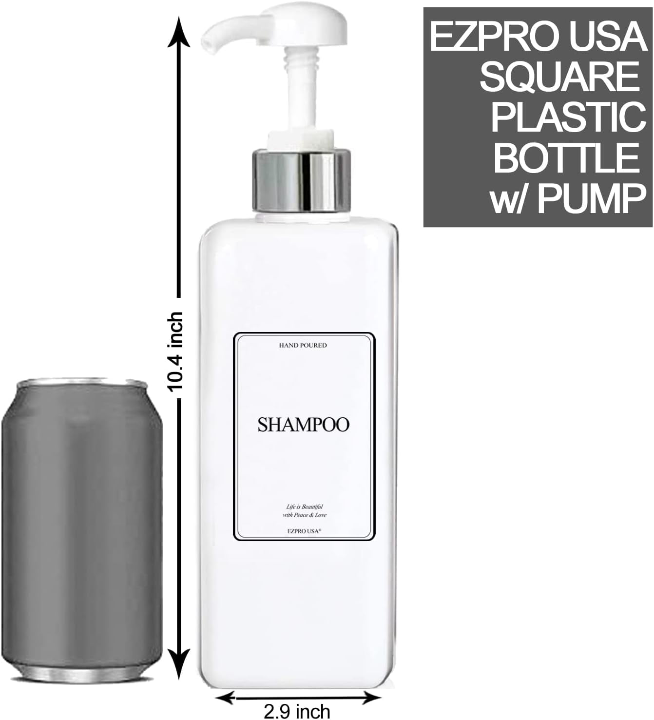 EZPRO USA Empty Plastic Bottles Pump Shampoo Conditioner Body Wash Face, in Shower Bath Soap Dispenser Reusable, Waterproof Labels Included, 27 oz 800 ml, Set of 4, Gold Black, Opaque Square Bottle