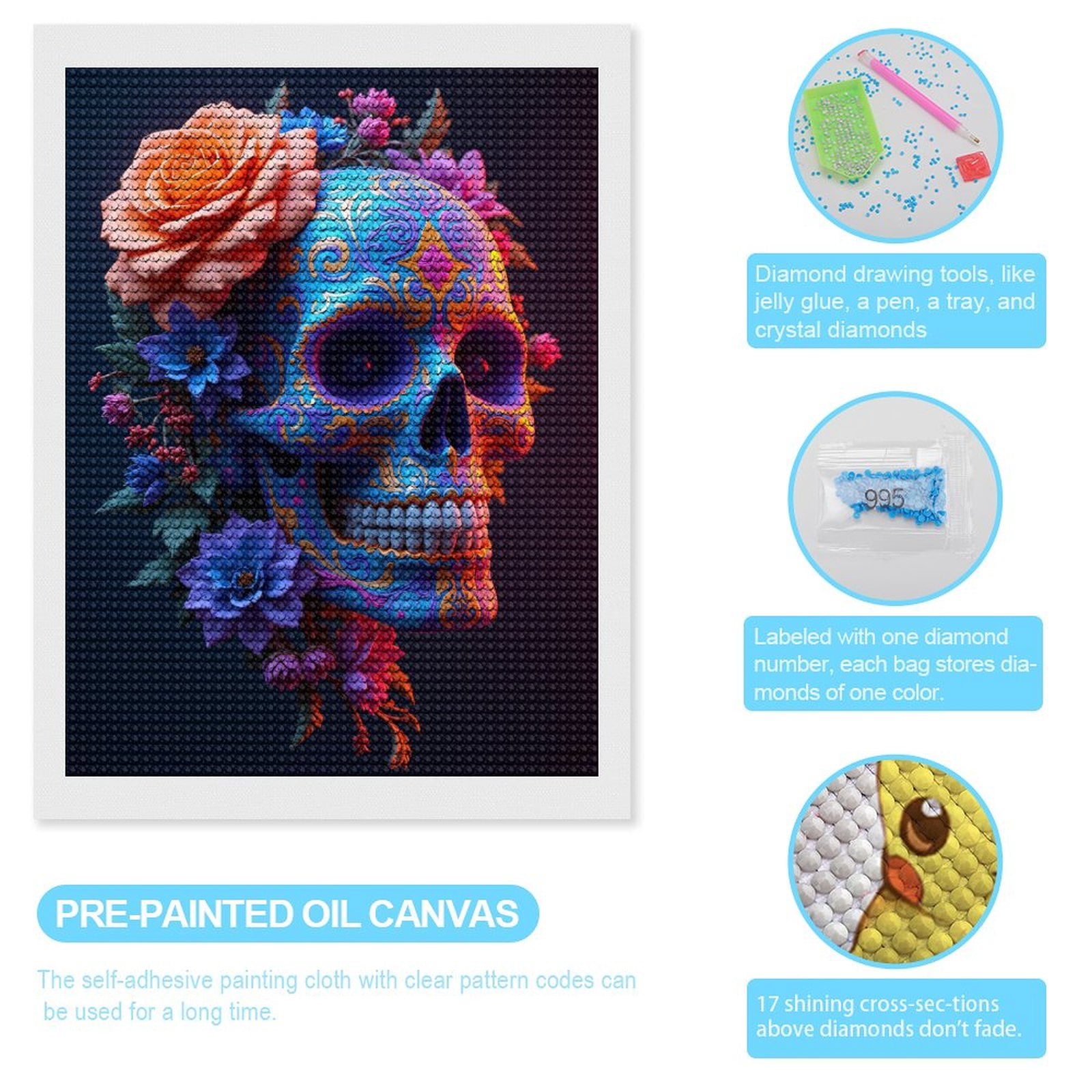 Diamond Art Kits for Adults, Colorful Floral Ornate Skull Art 5D Diamond Painting Kits for Adults Beginners, DIY Full Drill Diamond Painting, Gem Art and Crafts 12x16