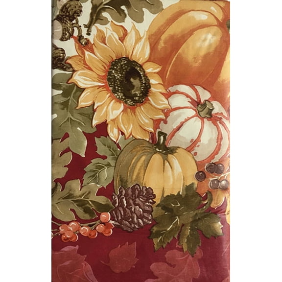 Fall Autumn Leaves Pumpkins Sunflowers Border Flannel Backed Vinyl Tablecloth ( 60 Round )