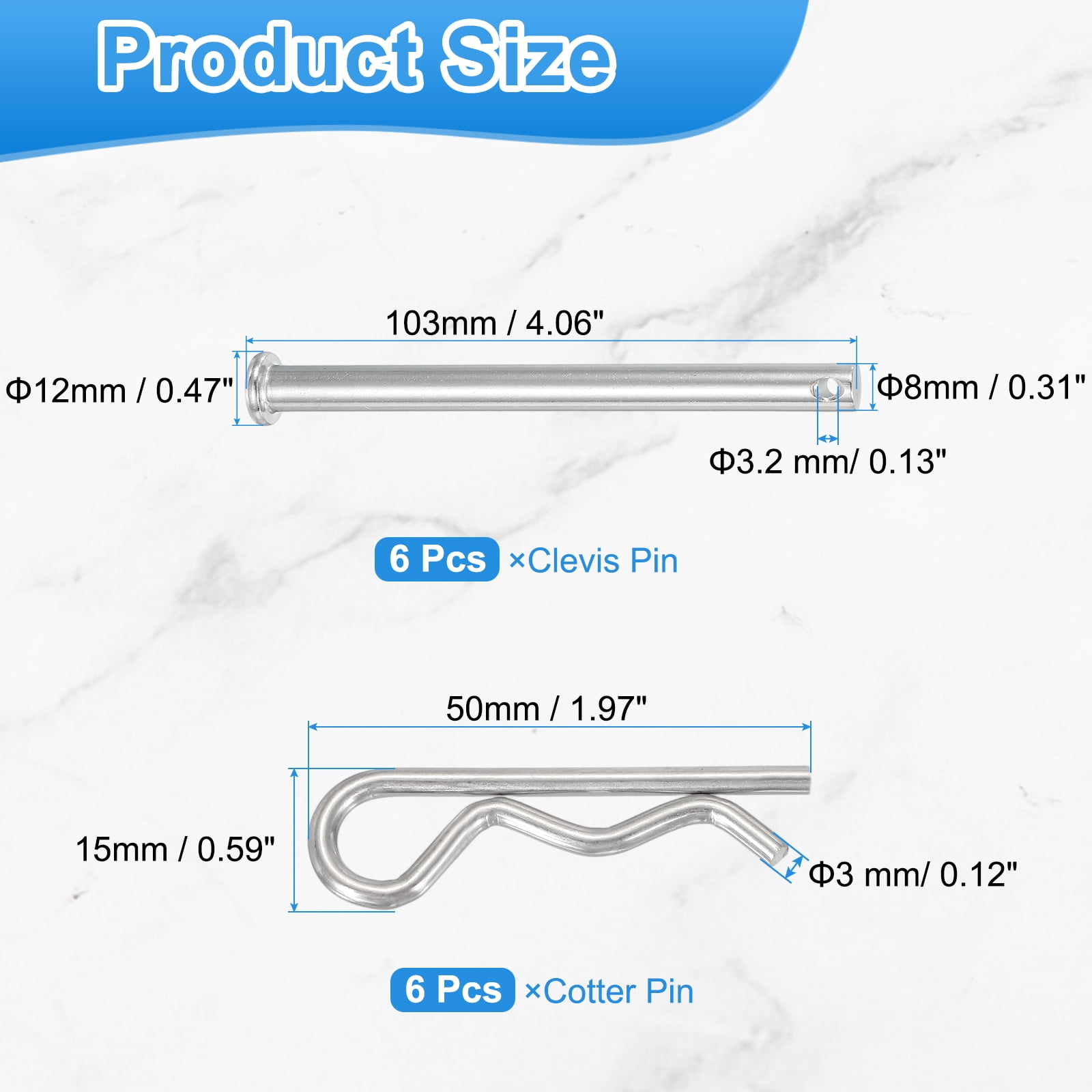 Uxcell 6 Pcs Clevis Pin with R Shaped Spring Cotter M8x100mm Single Hole Clevis Pin with R - Clip Fits for Automotive