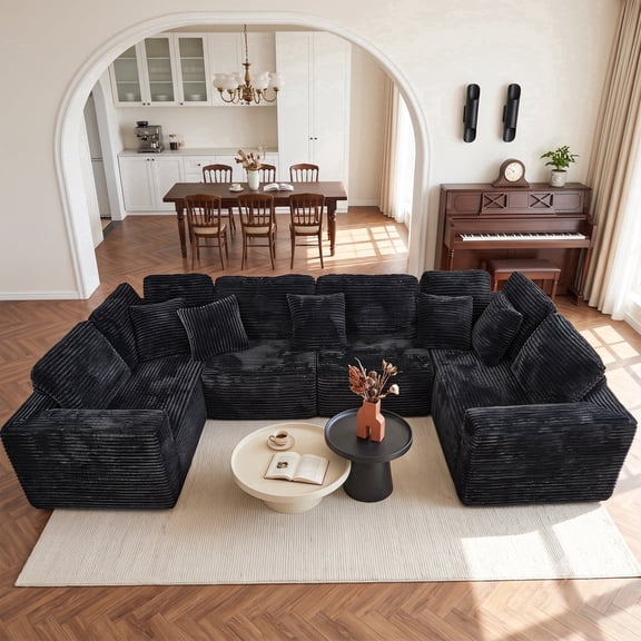 SOULART 138.5" Sectional U Shaped Couch,Black Sectional Cloud Boneless Sofa For Living Room,Plush Corduroy Couches With Deep Seat Chaise Lounge,No Assembly Required