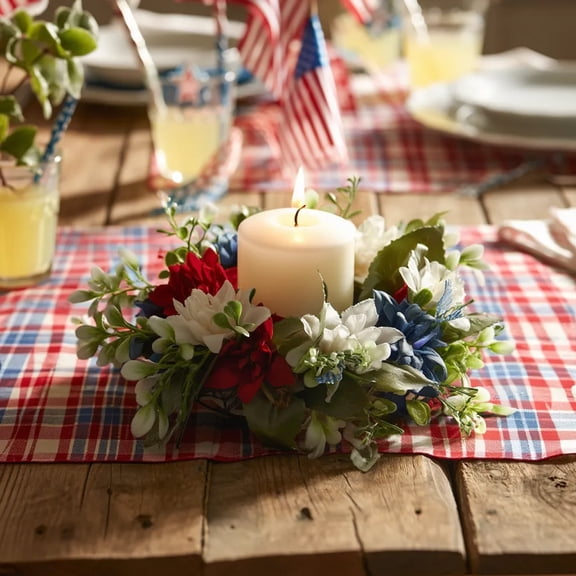 Patriotic American Candle Rings Wreaths Artificial 4th of July Floral Candle Rings Holder with Daisy Flowers Mini July Independence Day Wreath for Party Home Table Centerpiece Decor 8" A