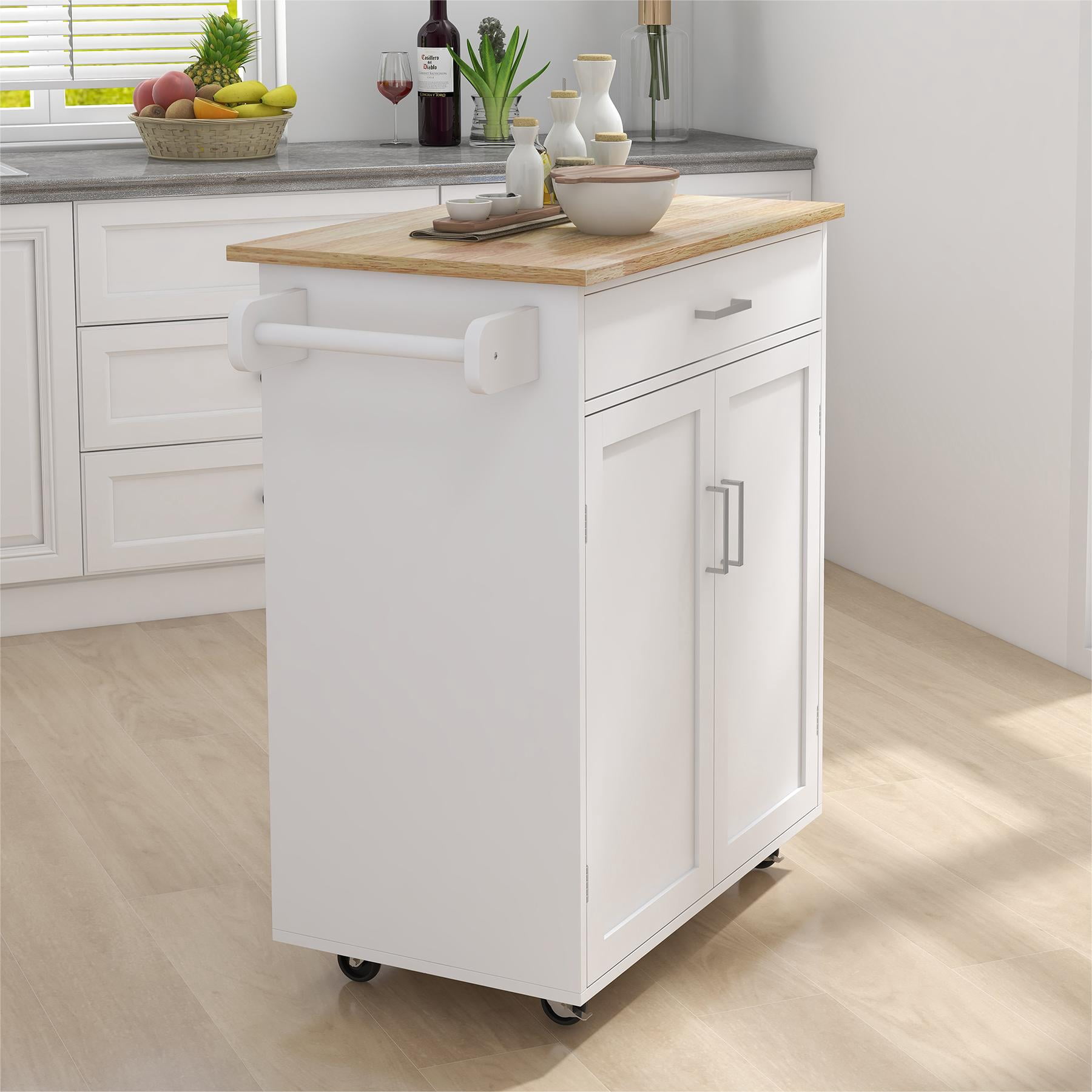Kitchen Island with Storage, Kitchen Cart with Drawer and Countertop, 2 Doors Storage Cabinet for Dining Room Living Room, White