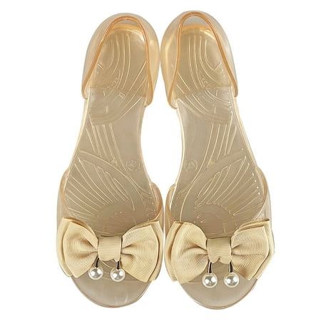 

Fandiiiii Cute Women Sandals Ladies Summer Pearl Bow Jelly Beach Large Size Flat Transparent Sandals Single Shoes