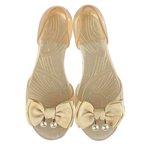 Mostsola Womens Flat Sandals Pearl Bowknot Jelly Sandals Peep Toe Transparent Lightweight Shoes