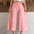 thumbnail image 6 of Usmixi Womens Drawstring Elastic Waist Pants Casual Solid Loose Wide Leg Cropped Trousers Soft Cotton Linen Straight Pocket Pants Pink l, 6 of 6