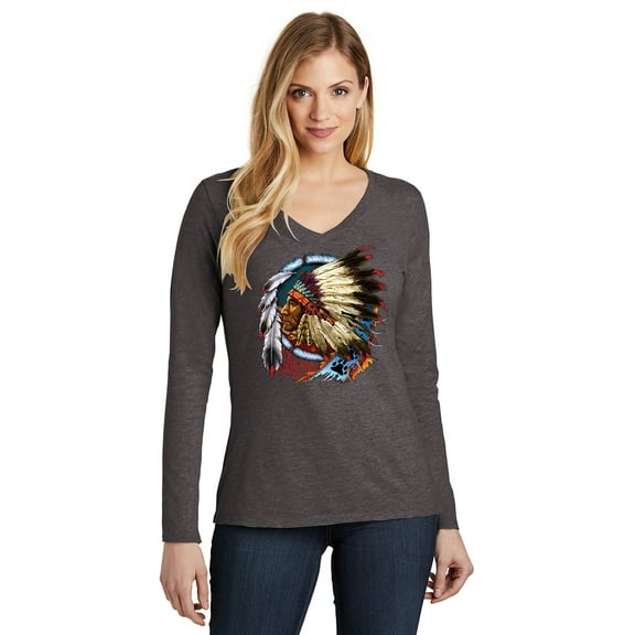Chief Dreamcatcher Biker Womens V-neck Long Sleeve Shirt, Small Dark Grey