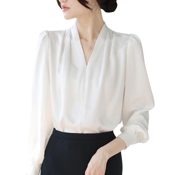 aidice Business Casual Tops for Women Office V Neck Long Sleeve Comfy Loose Ruched Workwear Blouses Tops