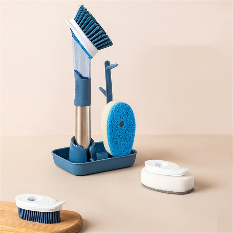 Soap Dispensing Dish Brush with Handle, Washing Up Brush Kitchen Scrubbing  Brushes Set with Replaceable Bristle Brush Heads and Holder, Dish Cleaning  Brushes for Pot Pan Sink-Blue 
