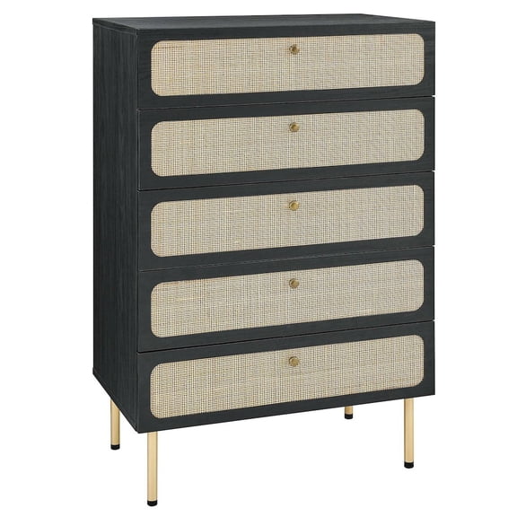 Modway Chaucer 5-Drawer Particleboard and Rattan Chest in Black