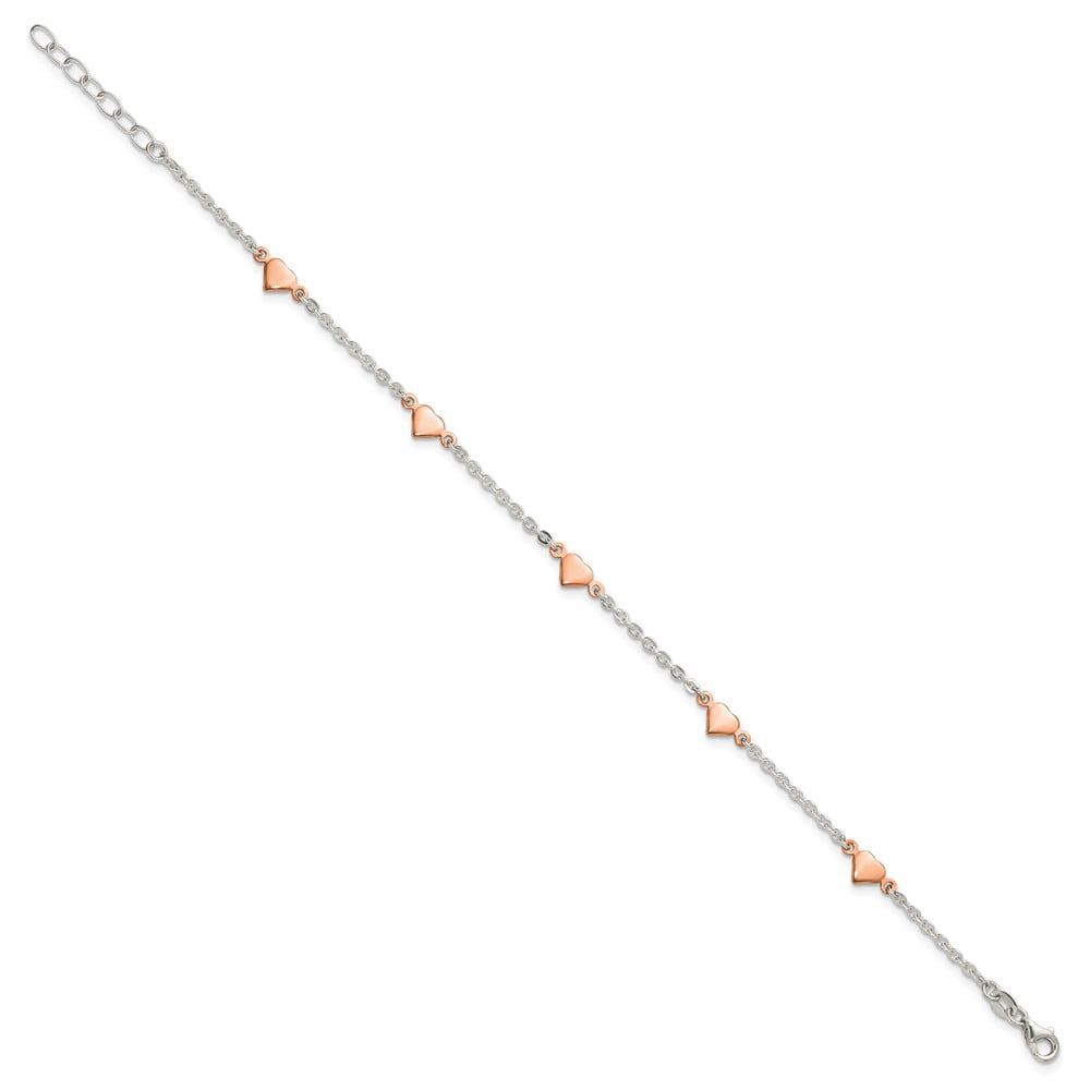 Sterling Silver with Rose-tone Polished Hearts 5-Station 9 inch with 1 inch Extension Anklet