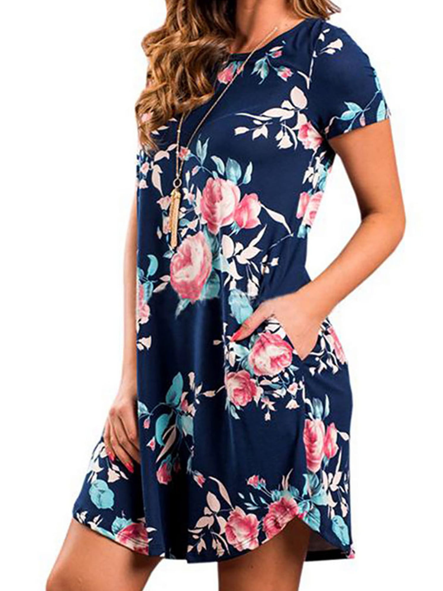 Womens Holiday Floral Dress Short Lady Summer Mini Beach Dress Plus Size 6-24 UK