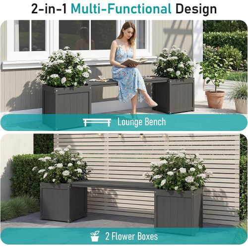 HDPE 2-in-1 Outdoor Bench with Flower Boxes, Open-Bottom Planter, Garden Patio Seating, 71 in W, Grey
