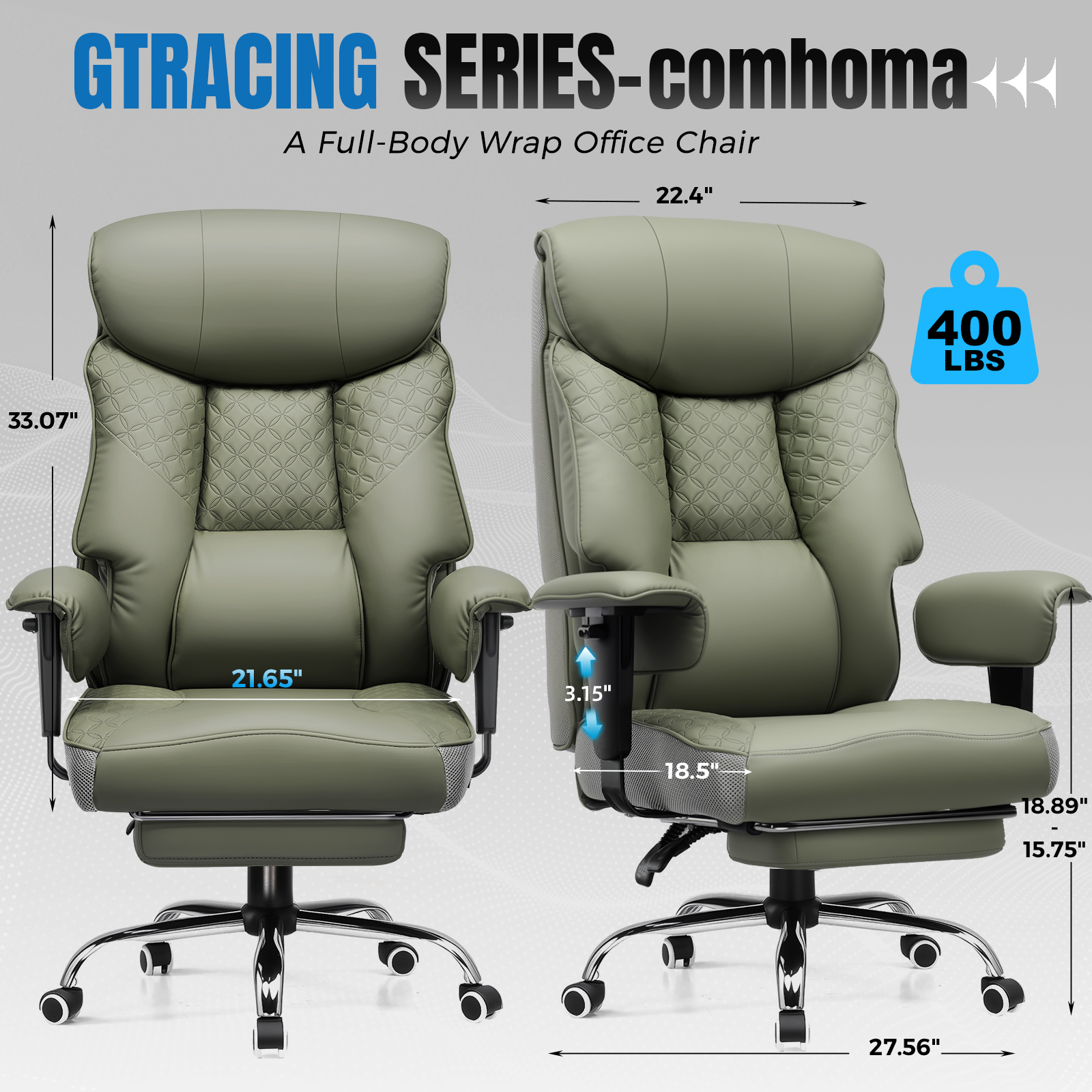 CloudRest Pro 400lbs Executive heavy duty office chair, High Back Ergonomic Computer Desk Chairwith Lumbar Back Support,Green