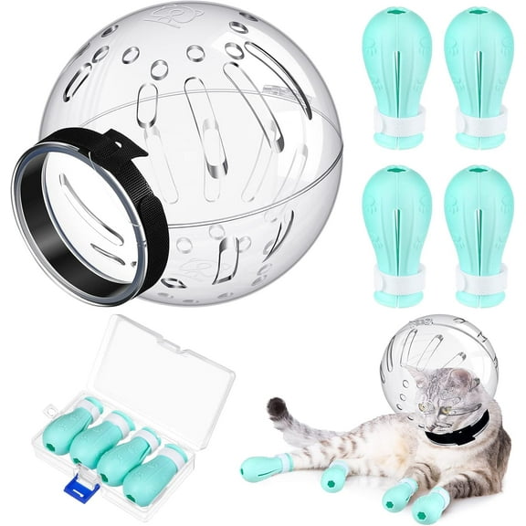 Cat Muzzle and Boots, Breathable Cat Muzzle for Grooming, Adjustable Bubble Muzzle with Silicone Paw Covers, Anti Bite Cat Hood Face Mask for Bathing Shaving Nail Trimming, Cat Owners Essential