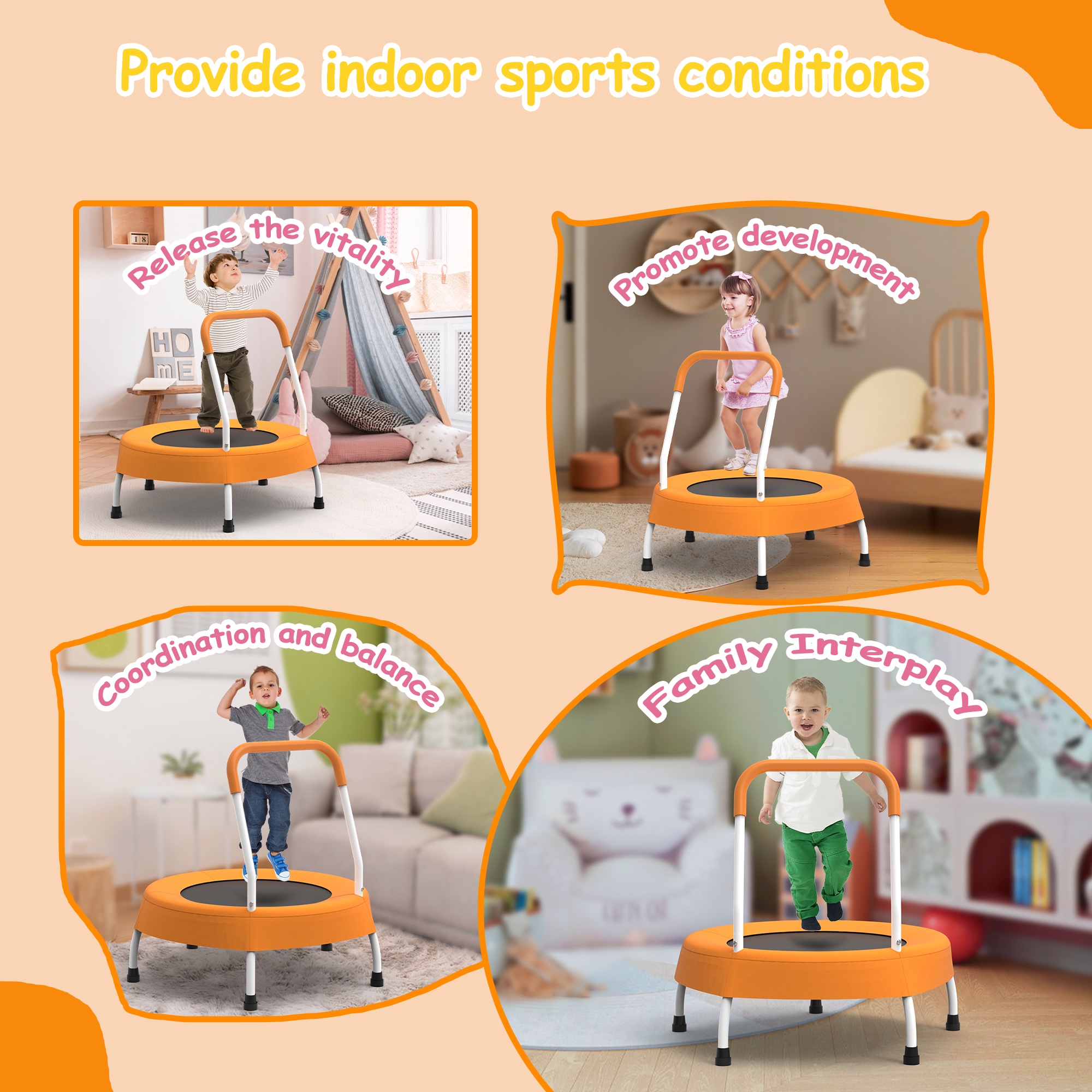 28" Mini Trampoline for Kids with Handle, Toddler Trampoline, Exercise Rebounder with Foam Handle, Indoor Trampoline, Kids Mini Trampoline, Small Rebounder Trampoline for Indoor and Outdoor Use