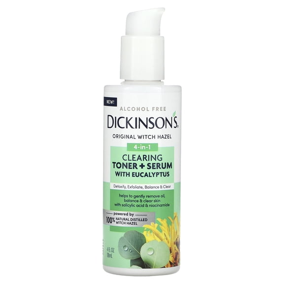 Original Witch Hazel, 4-in-1 Clearing Toner   Serum with Eucalyptus, Alcohol Free, 4 fl oz (118 ml), Dickinson Brands