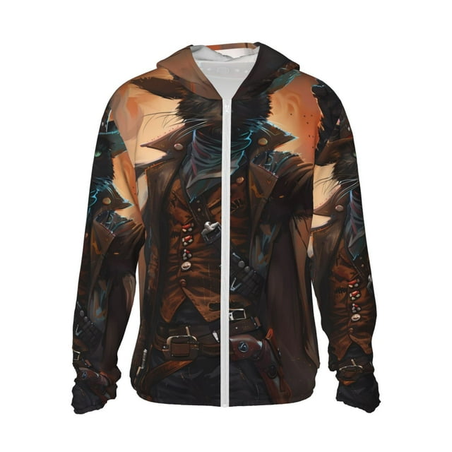 Cauagu Chandail à Capuchon de Protection Solaire Steampunk Cowboy Chat pour Hommes et Femmes, Maillot Dermoprotecteur à Manches Longues Pêche Course Séchage Rapide Léger-Petit