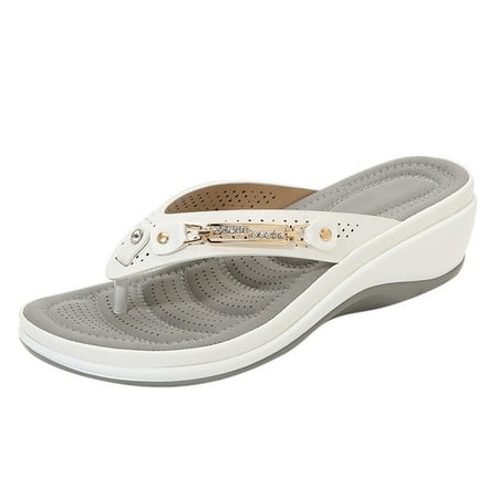 CHOII Clearance Women Ladies Crystal Comfortable Flip Flops Wedges Slipper Sandals Casual Shoes with Elastic Band Unique Wavy Line Sole Anti-slip Design White/5