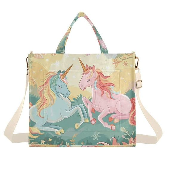 Unicorns Grass Flowers Leaves Corduroy Tote Bag Handbag Large Messenger Bag Shoulder Crossbody Zipper Bag Purse