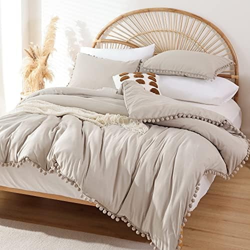 YIRDDEO Queen Comforter Set - Comforter Queen Size Sets with Ball Pom Fringe, Soft Bedding Set for All Seasons - 3 Pieces, 1 Comforter (90"x90") & 2 Pillow Shams (20"x26"), Oatmeal