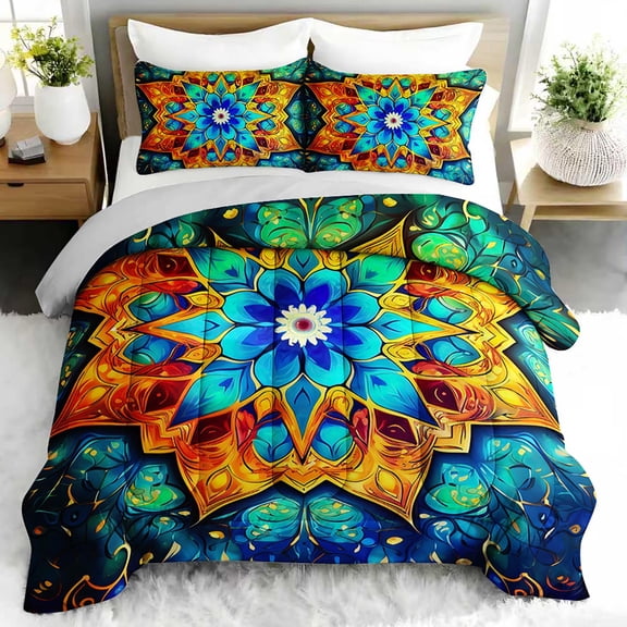 3pcs Vibrant Mandala Comforter Set, Bohemian Bedding Set for Bedroom or Guest Room Decor, All Seasons Quilt Machine Washable Duvet with 2 Pillowcases