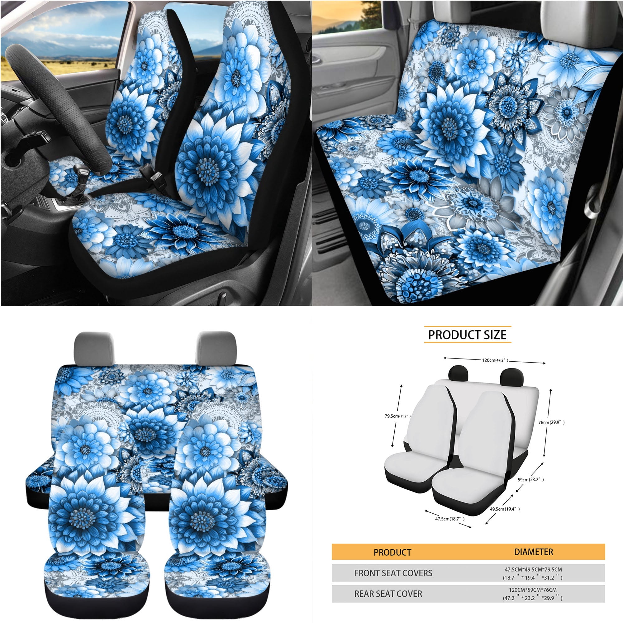 Yuyamidu Blue Dahlia Car Seat Cover Set of 15 Flower Steering Wheel Cover Auto Seat Belt Strap Pad Cup Mat Trash Bag Air Vent Organizer Rear View Mirror Protector Wristlet Keychain