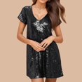 thumbnail image 2 of Vestido mini de manga corta con lentejuelas para mujer: vestido de fiesta brillante con purpurina, poliéster, cuello redondo, dobladillo con volantes, corte holgado, 2 of 6