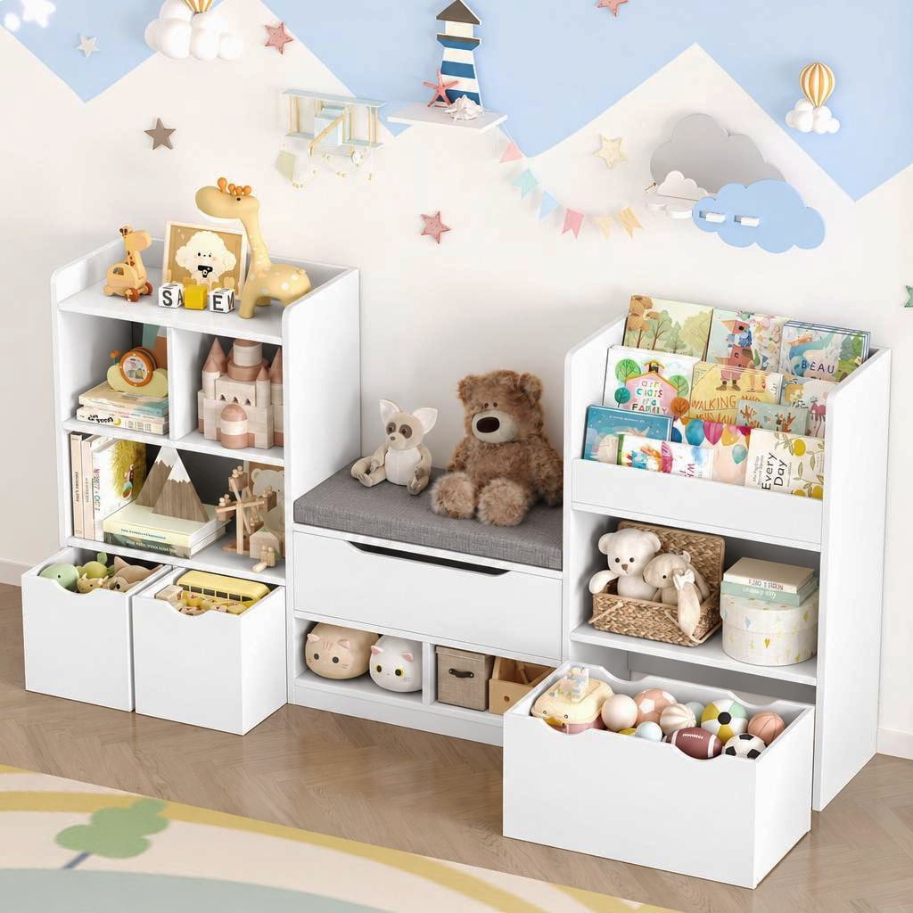 Hiphuta 72"Wide Kids Bookcase with Reading Nook and Under Bench Storage, Wooden Toy Storage Organizer & Book Rack for Kids Room, White