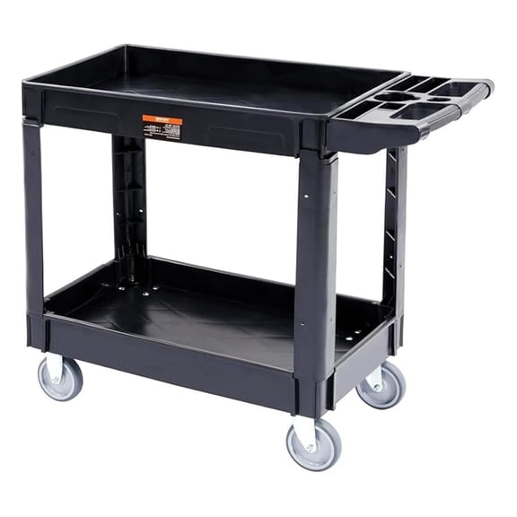Utility Service Cart, 2 Shelf 550lb Heavy Duty Plastic Rolling Utility Cart, Medium Lipped Shelf, 360° Swivel Wheels, Ergonomic Storage Handle for Warehouse Garage, Black