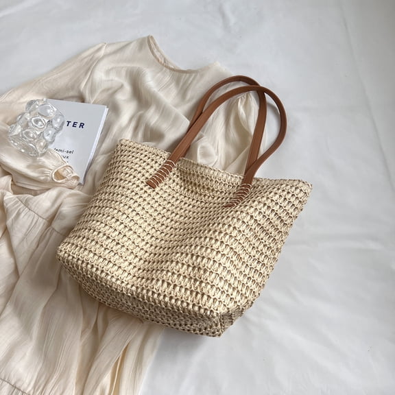 Summer Straw Tote Bag for Women, Breathable Woven Paper Large Shoulder Handbag