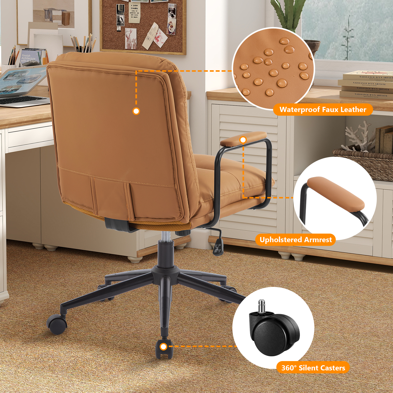 Falvinoryn Modern Office Chair, High Back Ergonomic Task Chair with Padded Armrests and Double Cushion, Swivel Home Office Desk Chair, Faux Leather Executive Armchair for Home, Bedroom (Brown)