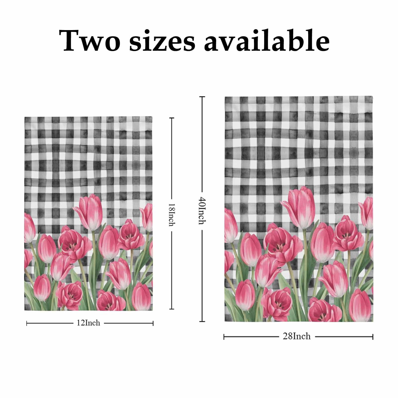 Pink Tulip Flower House Flags For Outdoor, Spring Floral Black White Plaid Green Leaf Small Double Side Yard Flags Weather Proof House Decor for Lawn Outside Holiday 28 x 40 Inches