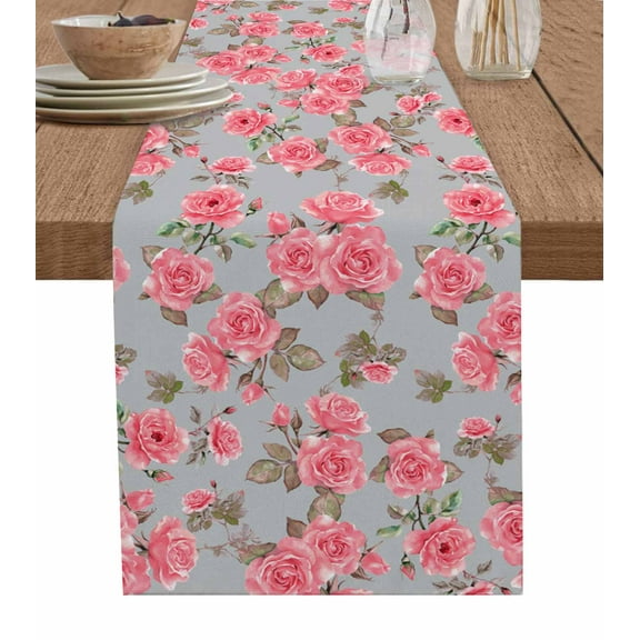 Red Floral Table Runner Cotton Linen 60 Inch Holiday Dresser Scarves, Farmhouse Garden Flowers Botanical Tablerunner for Kitchen Coffee Dining Bedroom Home Living Room Dinner Scarf Décor 13''x60''
