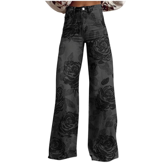 Abomasnow Women's Vintage Floral Print Jeans Low Rise Casual Wide Leg Baggy Denim Pants Colorful Y2k Wash Boyfriend Pants