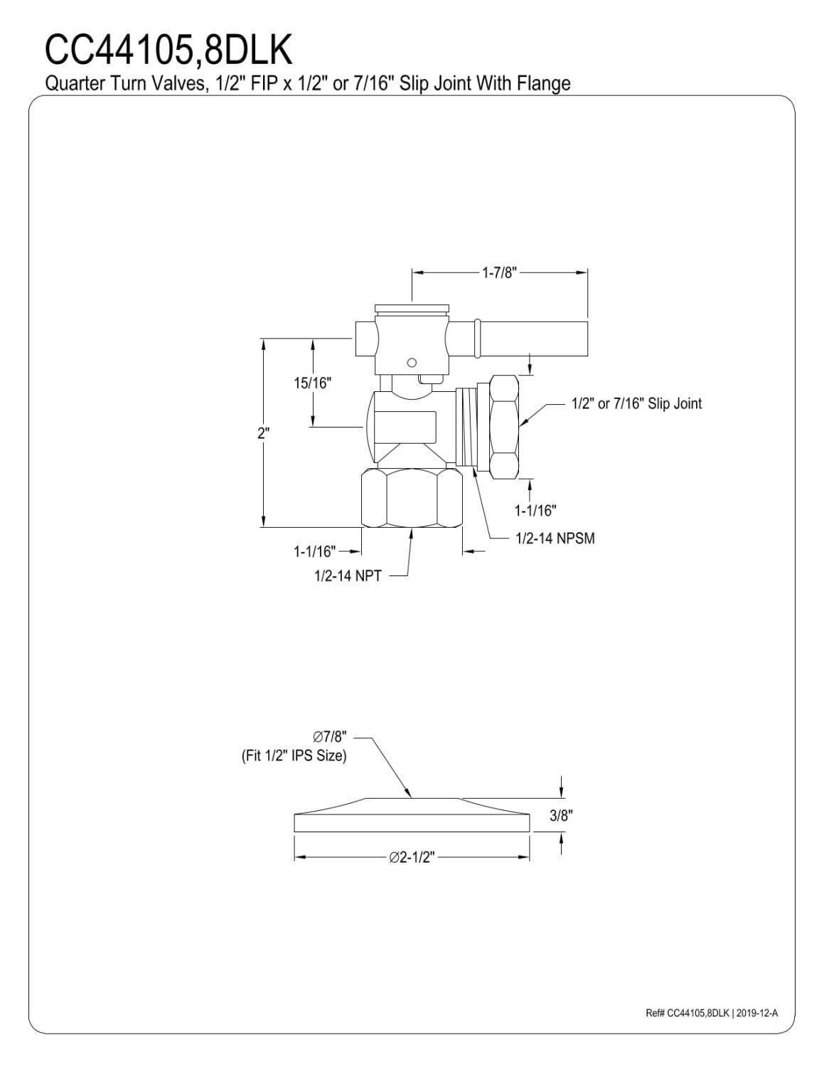 Kingston Brass CC44105DLK 1/2" FIP x 1/2" or 7/16" Slip Joint Quarter-Turn Angle Stop Valve with Flange, Oil Rubbed Bronze