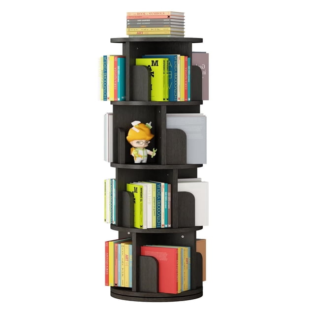 Ourlova 4 Tier 360 Rotating Stackable Bookshelf Tower Small Wooden Bookcase for Kids Waterproof Corner Display Storage Rack Narrow Book Organizer for Bedroom Study Room-Black