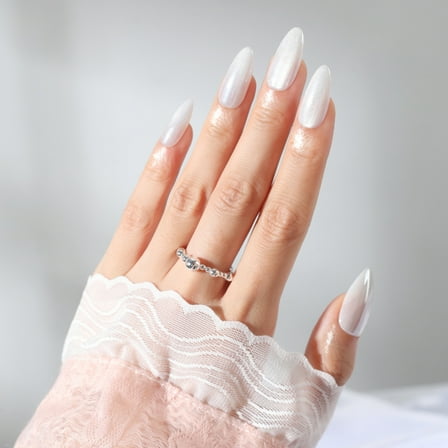 Ellie Vincy Press On Nails - Silver Gaze Light Grey Almond Nails, Medium Long Almond Shape, Reusable Nails in 14 Sizes - 28 Nail Kit with Glue and Sticky Tabs